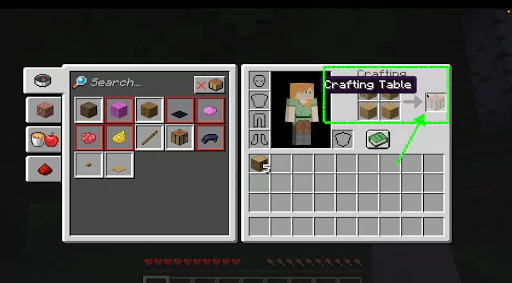 Crafting table on the right hand